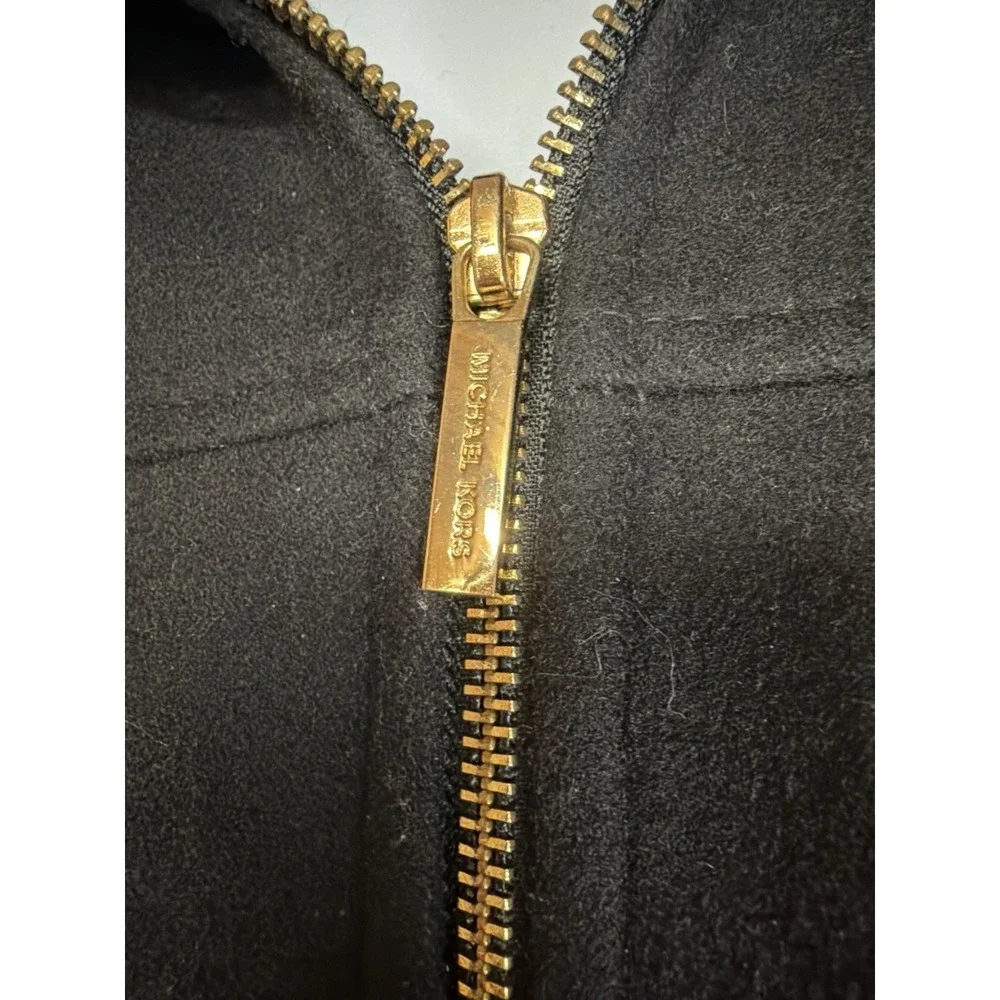 Michael Kors Black Hooded Wool Blend Coat Gold Zip Womens Approx XL